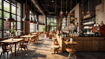 The interior of the coffee shop/café is modern and woodsy, giving it an open, modern style that makes it warm and welcoming to sip your coffee every morning. Ai generate. - obrazy, fototapety, plakaty