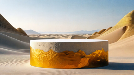 Stone pedestal with an amber base against a desert background.