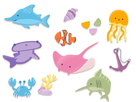 animals set underwater illustrations. Underwater objects