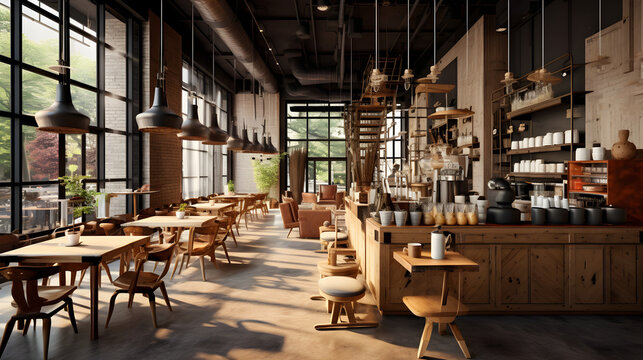 The interior of the coffee shop/caf&eacute; is modern and woodsy, giving it an open, modern style that makes it warm and welcoming to sip your coffee every morning. Ai generate.