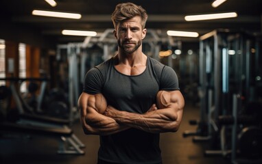 Handsome man flexing muscles in the gym - obrazy, fototapety, plakaty