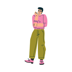 Obraz premium Young Man Character Standing and Thinking Vector Illustration