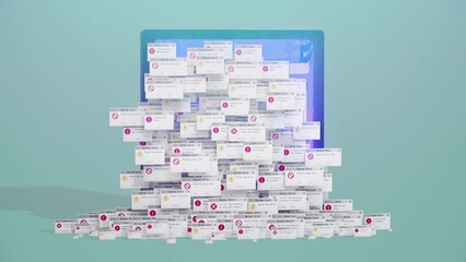 Critical error Many Windows - Various types of error notifications fall out of a stylized 3D monitor.