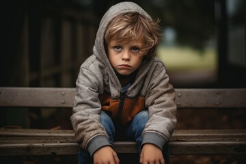 Portrait of a sad little boy sitting on a bench in the park - obrazy, fototapety, plakaty