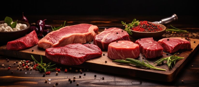 Assortment of Raw Black Angus Prime beef cuts: Machete, Blade on bone, Striploin, Rib eye, Tenderloin fillet mignon on wooden board and seasoning.