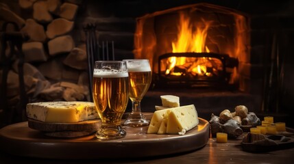 Glasses of beer and cheese on background of burning fireplace. Generative AI