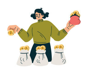 Investment in Stocks with Woman Character Put Coins in Sack Vector Illustration