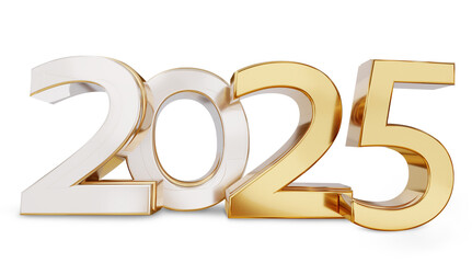 2025 new year bold letters golden symbol isolated, silver gold metallic glossy 3d-illustration