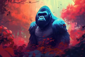 Selbstklebende Fototapeten painting style landscape background, a gorilla in the forest © Yoshimura