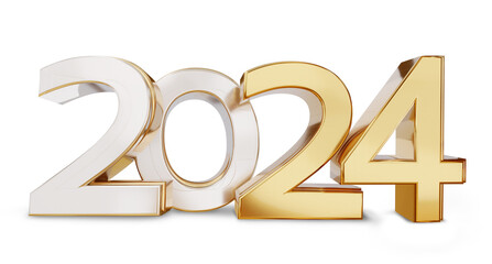 2024 new year bold letters golden symbol isolated, silver gold metallic glossy 3d-illustration