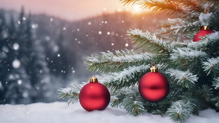 Naklejka na ściany i meble christmas tree and decorations,close up shiny red ball on christmas tree. blur white snow and ornaments background 