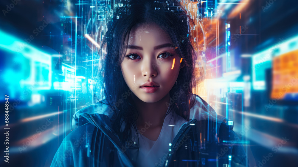 Wall mural Futuristic cyberpunk portrait of a young Asian woman