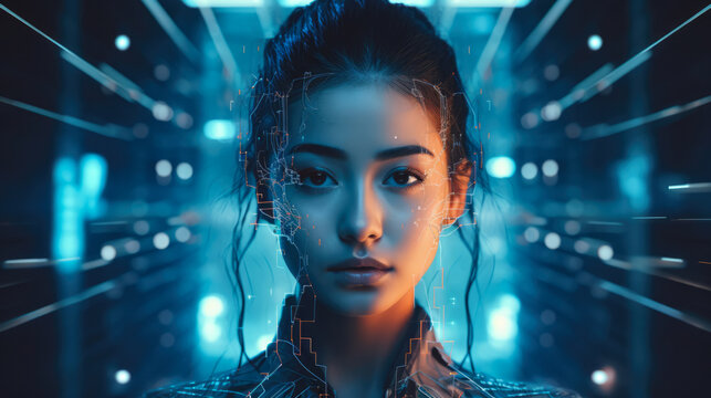 Futuristic cyberpunk portrait of a young Asian woman