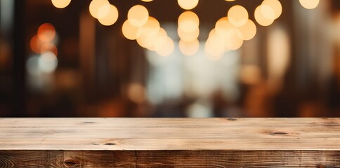 presentation templateBusiness splay product background bokeh restaurant table light soft blurred wood rustic Empty counter eatery pale blur people food order - obrazy, fototapety, plakaty