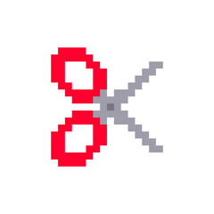 Scissors pixel art icon design for sticker, logo, web. Isolated on white background vector illustration. Pixel art scissors icon. Vector design for web design, mobile app, stickers and games.