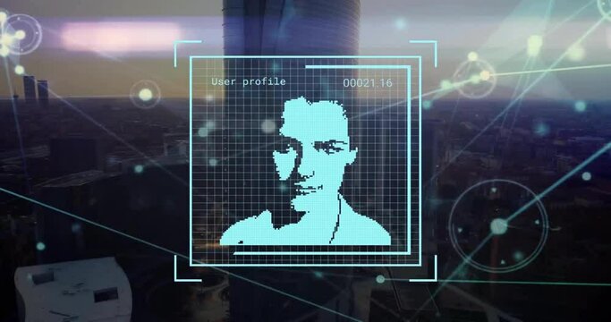 Animation of data processing with people portraits and network of connections over cityscape