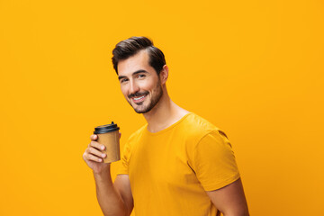 Man tea studio hot drink mug happy paper cup t-shirt energy coffee hipster