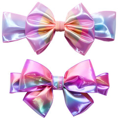 iridescent ribbon bow set isolated on transparent background - design element PNG cutout collection
