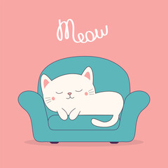 Cat sleeping on sofa chair. Meow. White kitten relaxing on cozy armchair in living room. Contour line doodle. Blue soft furniture. Cute cartoon kawaii animal character. Flat design. Pink background