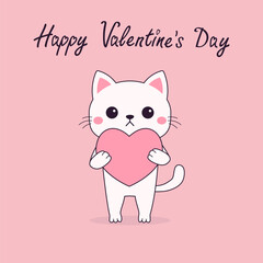 Happy Valentines Day. White cat kitten kitty holding pink heart. Funny head face. Contour line doodle. Cute cartoon kawaii animal character. Flat design. Love card. Pink background. Isolated.