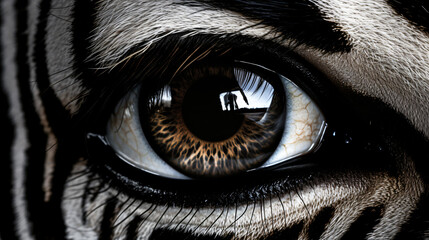 A close up of a zebras eye - obrazy, fototapety, plakaty