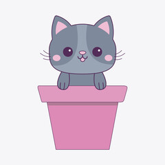 Cat in flower pot. Holding paw hands. Gray silhouette. Cute cartoon funny character. Pink cheeks. Contour line doodle. Baby pet animal. Sticker tshirt print. Flat design. White background.