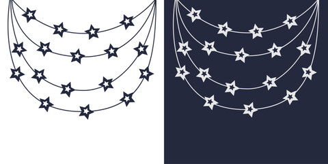 String fairy light set. Christmas lights. Star sparkle glowing garland. Cartoon holiday festive xmas decoration. Hanging decoration. Flat design. White Black background. Isolated.