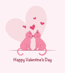 Valentine's day greeting card with two cats on pink background with hearts vector illustration