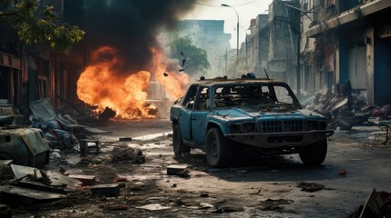 A rubble filled war zone with fires and burnt out cars. - obrazy, fototapety, plakaty