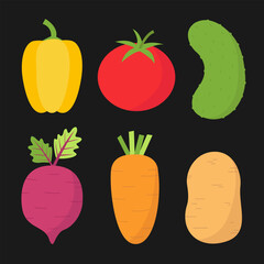 Vegetable icon set. Carrot, root, beet, potato, pepper, potatoes, tomato, paprika, cucumber. Kids education. Vegetables collection. Different colors. Flat design. Black background Isolated