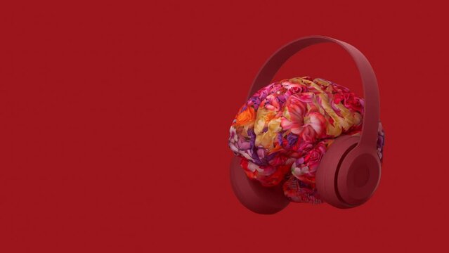 dancing mood, human brain in headphones, dancing and listening to music, background for music, bright colors, concept, 3d rendering