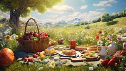 spring meadow, picnic mat / blanket with delicious food, sunny day, 16:9 - obrazy, fototapety, plakaty