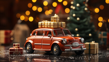 Vintage car with christmas tree and gifts on blurred background,Generative AI