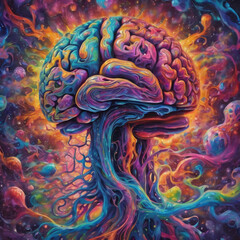 Obraz premium A fantasy drawing of the human brain with a tree pattern and crazy colors