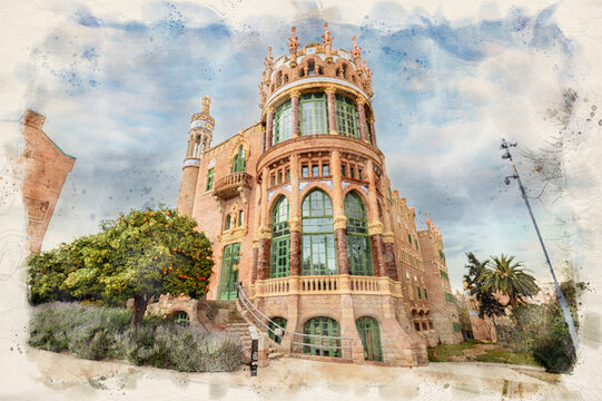 Hospital de la Santa Creu i Sant Pau complex in Barcelona, Spain in watercolor style illustration
