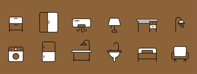 Set Furniture Icons, Line and Pixel Perfect Icons, Brown black