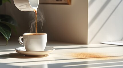 pouring coffe into a mug on a table, minimalistic style, sun shining, realistic textures and...