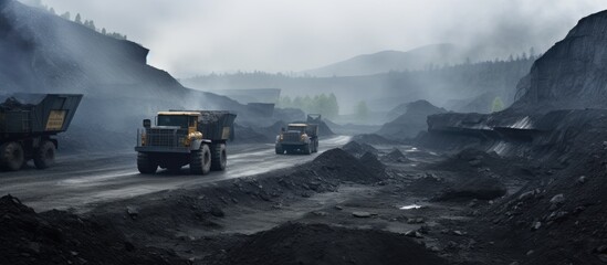 Coal mining field in Pingso, China with running dump truck. - obrazy, fototapety, plakaty