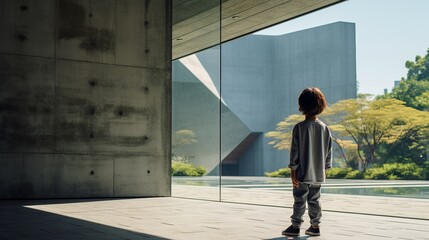 A Young Boy Standing in Front of a Glass Wall - obrazy, fototapety, plakaty