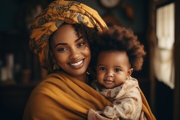 Photograph of African mother holding baby personality is laid-back, smart - obrazy, fototapety, plakaty