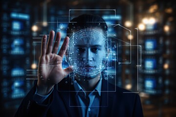 Photograph of Biometric security identify, face recognition online access business data. Cyber security technology prevent unauthorized access and protect business significant data