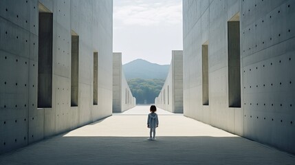 Person Standing in Hallway Between Two Buildings