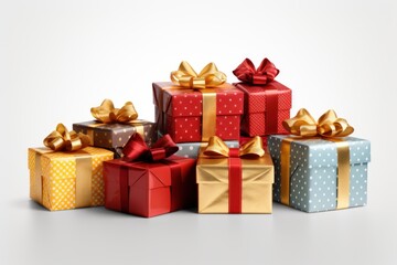 Fototapeta premium Photograph of Collection of colorful gifts with ribbon bows in different colors to choose from including red, gold and silver