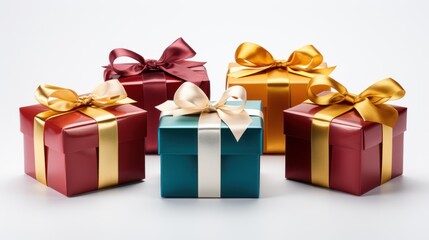 Photograph of Collection of colorful gifts with ribbon bows in different colors to choose from including red, gold and silver