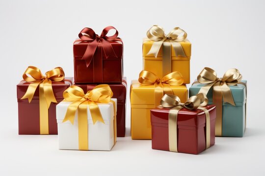 Photograph of Collection of colorful gifts with ribbon bows in different colors to choose from including red, gold and silver
