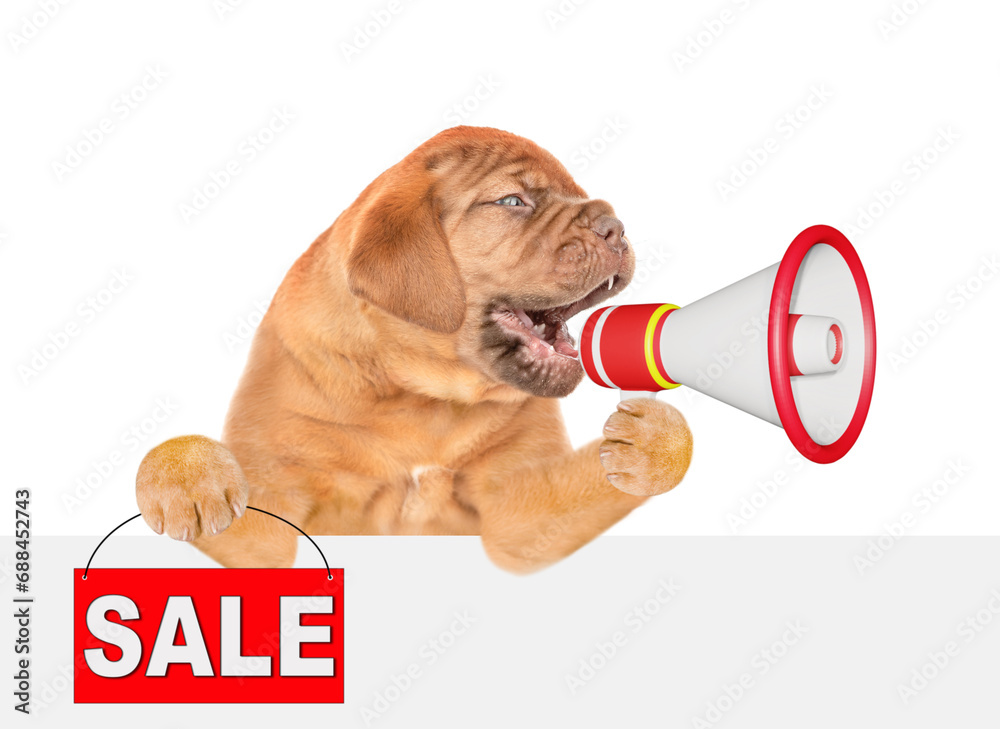 Aufkleber funny mastiff puppy barks into megaphone above empty white banner and shows signboard with labeled 
