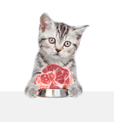 Cute kitten holding bowl of meat above empty white banner. isolated on white background