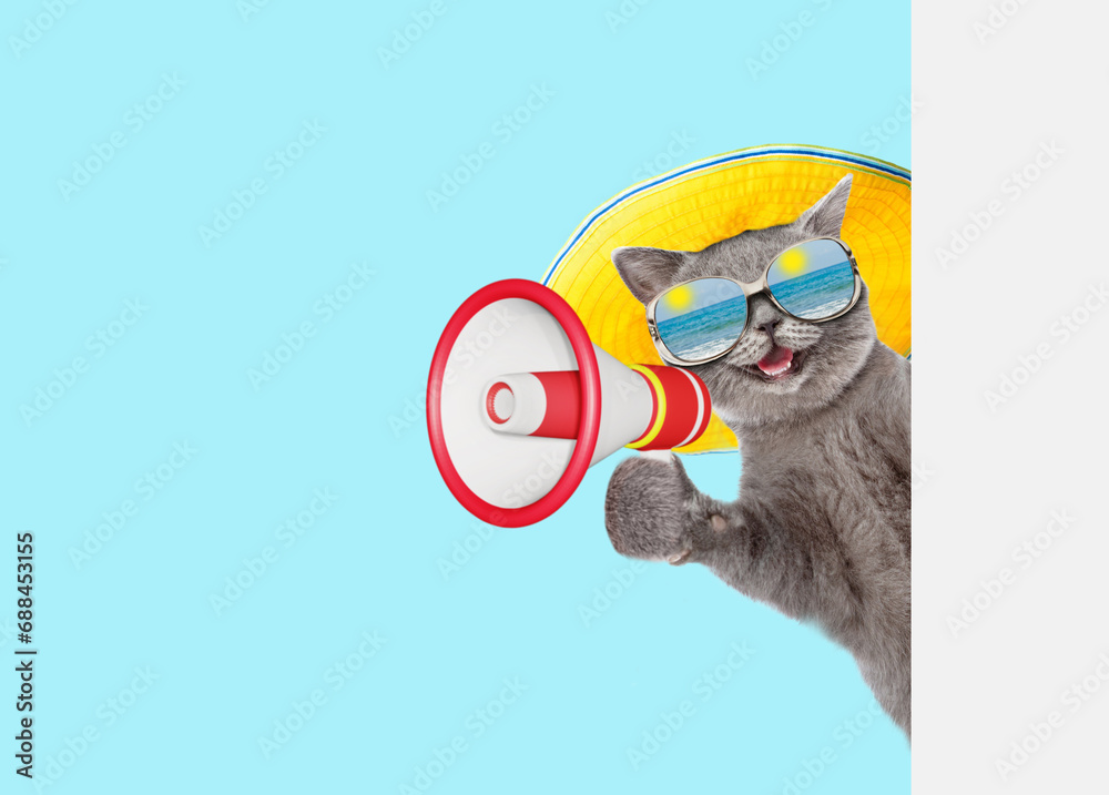Poster happy cat wearing mirrored sunglasses and summer hat talks into megaphone and looks from behind empt