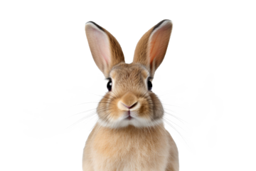 Studio portrait of cute rabbit isolated on transparent png background, happy bunny running on floor, adorable fluffy rabbit that sniffing.