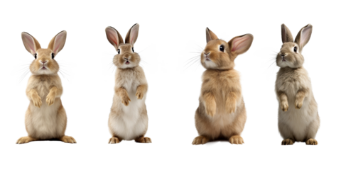Studio portrait of cute rabbit isolated on transparent png background, happy bunny running on floor, adorable fluffy rabbit that sniffing.